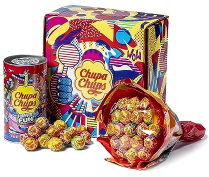 Chupa Chups Gift Box, Confezione Regalo con Flower Bouquet da 19 Lollipop e Mini Latta Salvadanaio da 16 Lollipop assortiti, Lecca Lecca Gusto Frutti Assortiti Monoporzioni, Idea Regalo