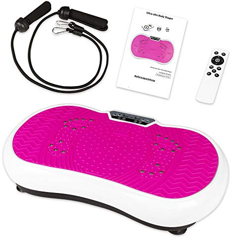 Vibrationsplatta med power-stretchband och Bluetooth-vibrationsbräda fitness och sport för viktminskning för hemmet ultratunn skakplatta träning vibrationsenhet svängning (rosa-vit)