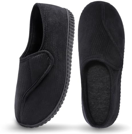 Git-up Diabetic Slippers Shoes for Men Arthritis Edema Adjustable Closure Toe Swollen Feet Slippers Memory Foam Comfy Bedroom House Indoor Outdoor Shoes, Black UK/6