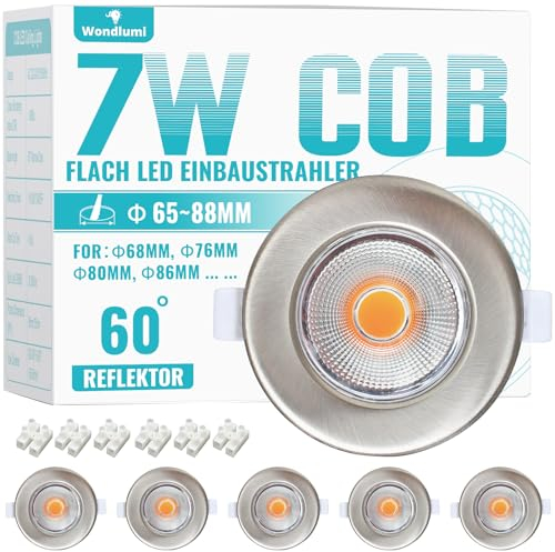 Wondlumi 6X LED Downlights for Ceiling 7W COB Ultra Slim Recessed Ceiling Lights Warm White 3000K, 240V 600lm Round Chrome LED Spot Light for Bathroom, Living Room, Bedroom, Cutout Ø65-88mm
