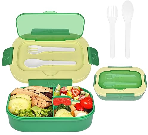 AUAUY Porta Pranzo, Lunch Box Prova di Perdite, Bento Box con 4 Scomparti e Posate(Forchetta e Cucchiaio), 1300ML Portamerenda Ermetico Lunchbox, No BPA, per Microonde e Lavastoviglie - Verde