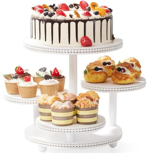 VIVIRBIEN 4 Tier Round Cupcake Tower Stand Beaded, Wood Cake Stand with Tiered Tray Decor for 50 Cupcakes/Baby Shower/Birthday/Wedding/Graduation