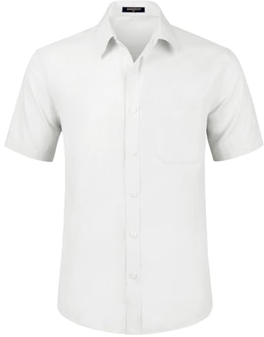 HISDERN Mens White Short Sleeve Dress Shirt Regular Fit Casual Formal Shirts Button Down Business Stretch Shirt Non Iron,M