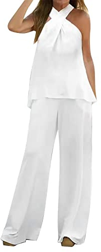 Traje elegante de dos piezas para mujer, de lino, de verano, 2 piezas, pantalón ancho, con botones, camiseta de manga larga, blusa, parte superior, conjunto de traje, conjunto de ropa de salón