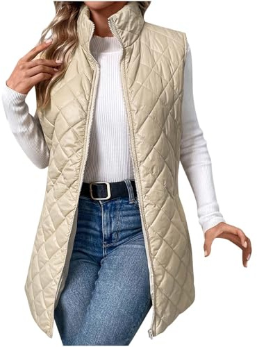 Chaleco largo acolchado para mujer, casual, ligero, acolchado, sin mangas, cálido, para invierno, color liso, cuello alto, cremallera completa, chaqueta acolchada básica para viajes y uso diario,
