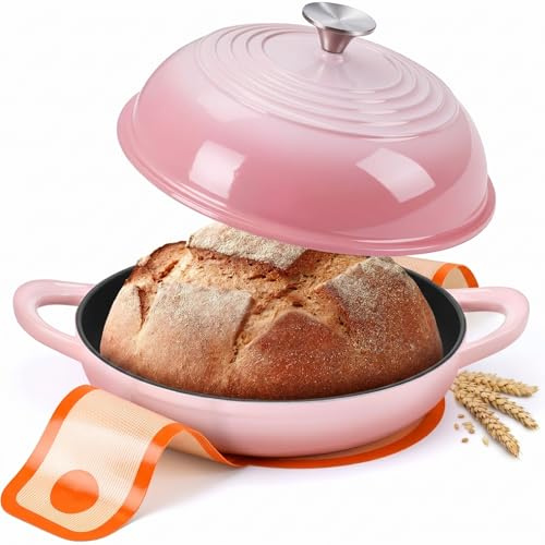 Round Bread Oven for Homemade Sourdough Bread Baking, Leonyo Enameled Cast Iron Dutch Oven Pot with Lid, 6 Quart, Pink