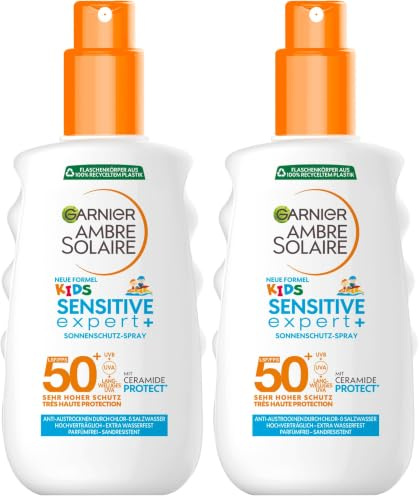 Garnier Sonnencreme LSF 50+ für Kinder, Wasserfest und resistent gegen Sand, Ambre Solaire Kids Sensitive expert+ Sonnenschutzspray, 1 x 150 ml (Packung mit 2)