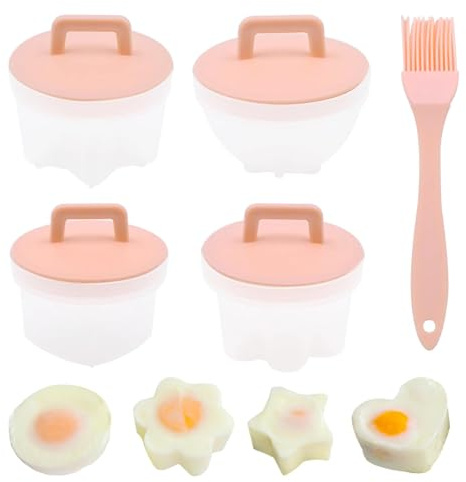 4 Stück Eierkocherform Set, Eierkocher mit Deckel und Ölpinsel Eierkocher Eierpochierbecher Nicht klebrig Eierkocher Set Omelettformkocher (Rosa)