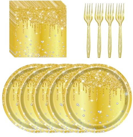 72 Pcs Gold Glitter Paper Plates 7in Disposable Paper Dessert Plates Napkins and Forks Party Tableware Set Happy Birthday Table Decorations for 24 Guests Gold Birthday Anniversary Wedding Theme Party