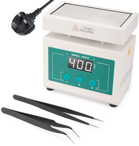 YIHUA 946D-IV 100 * 50mm Aluminum Heating Plate, 50-400°C Adjustable Temp Preheating Station, Soldering Hot Plate Rework Heater with 2 Tweezers PID Temp Control °C/°F Conversion(UK Plug)