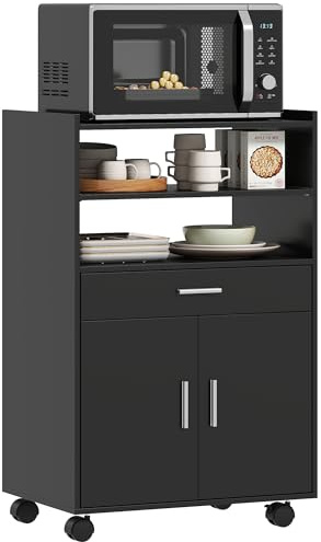 HOMCOM Mobile Microonde con Ruote, Credenza Cucina con Cassetto, Piano per Elettrodomestici, Armadietto a 2 Ante, Ripiano Estraibile e Ripiano Aperto, Carrello Cucina per Soggiorno, 59x40x92cm, Nero