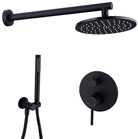 Miscelatore per Vasca da Bagno, Set Doccia da Bagno Nero, soffione Doccia Rotondo a Pioggia con doccetta, Rubinetto Doccia in Ottone con Miscelatore deviatore per beccuccio Doccia, 12 pollic