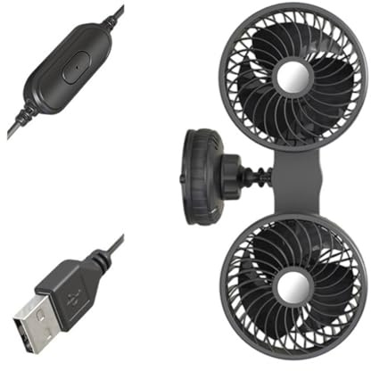 2 Head Car Fan With Strong Suction Cup Vehicle Quiet Operations Adjustable Airflows For Trucks Road Travel Double Head Fan