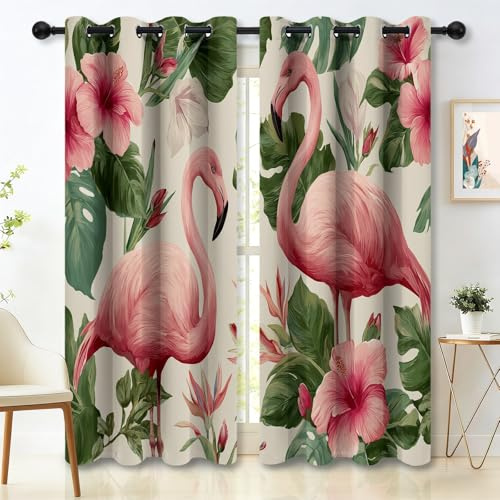 Tropische Blumen Flamingo Ösenschals H140 x B90 cm (2er Set), Absolut Blickdichte Thermo-Gardinen für Babyzimmer und Arbeitsplatz, Rosa Grün