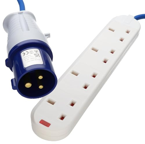 kenable 1m 4 Way Motorhome Caravan Camping Mains Electric Hook Up Extension Lead 16A Blue CEE Plug to UK Sockets [1 metre]