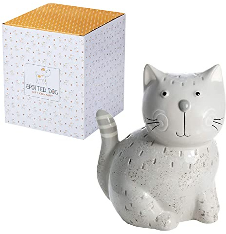 SPOTTED DOG GIFT COMPANY Katzen Deko Figuren aus Keramik für Kinder Erwachsene, Skulpturen mit Katzenform für Wohnzimmer Heimdekoration, Geschenke für Katzenliebhaber Katzenmama, Grau 18cm