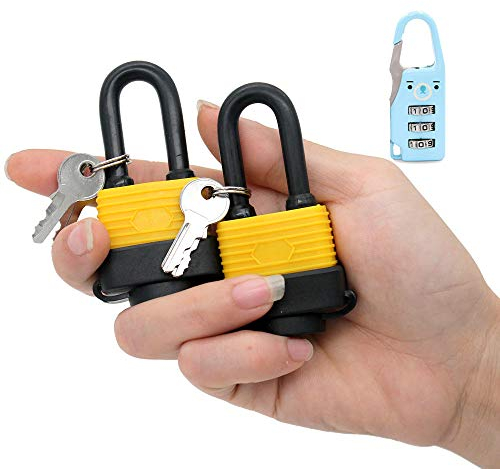 Confezione da 2 lucchetti ad arco lungo, impermeabili, resistenti alle intemperie, resistenti, 2 chiavi per lucchetto, completamente rivestiti, progettati per l'uso all'aperto, colore giallo