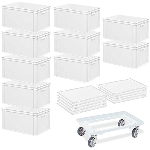 BRB 10 Euroboxen, LxBxH 600x400x320 mm + 10 Scharnierdeckel + 1 Transportroller (weiß)