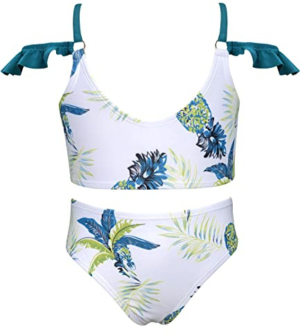 SHEKINI Mädchen Zweiteiliger Badeanzug Tankini Set Rüschen Gedruckt Bademode Weste Verstellbar Schultergurter Kinder Badehose Bikini für 6-14 Jahre （8-10 Jahre,Dunkelgrün
