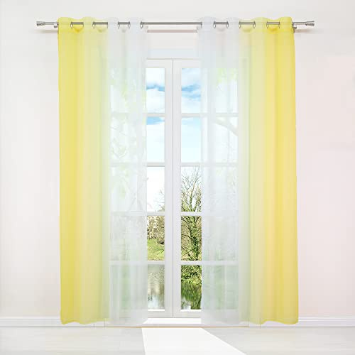 HongYa 2er-Pack Farbverlauf Gardinen Transparenter Voile Vorhänge Schals mit Ösen H/B 245/140 cm Gelb