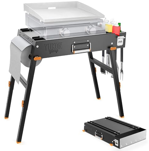 Yukon Glory Support universel portable pour gril avec support de barbecue intégré – Conçu pour s'adapter à la plaque de cuisson Blackstone et beaucoup d'autres – Cuisine en plein air, camping et hayon
