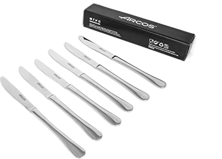 Arcos Serie Madrid - Juego 6 Cuchillos de Mesa en Caja de Regalo - Filo Liso - Monoblock de una pieza en Acero Inoxidable - Tamaño Hoja 115 mm - Color Plata