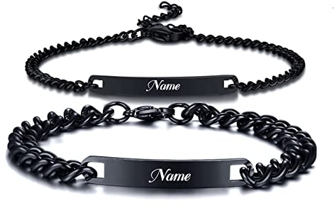 XUANPAI Personalisierte Partnerarmbänder Paar Armbänder - Personalisiertes Armband mit Gravur Couple Armband Familie Armbänder Partnerarmband für Paare Pärchen Armband (2 Stück Schwarz 4mm&7mm)