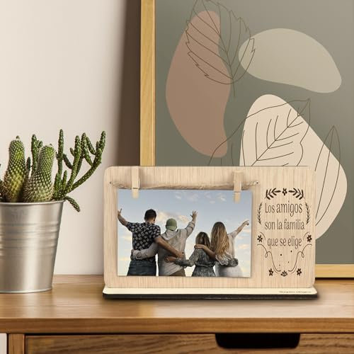 SAQUITOMAGICO Marco de Fotos Amigos | Portafotos de Madera con Pinzas y Soporte | Regalo Original para Amigos Especiales, Cumpleaños o Día de la Amistad