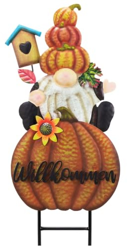 TERESA'S COLLECTIONS Herbstdeko Draußen,Metall Gartenstecker Zwerg Kürbis | DIY Willkommen Schilder,Gartendeko für Draußen Wetterfest,Kürbis Deko für Terrasse,Thankgiving Fall Geschenke,58cm,Orange(L)