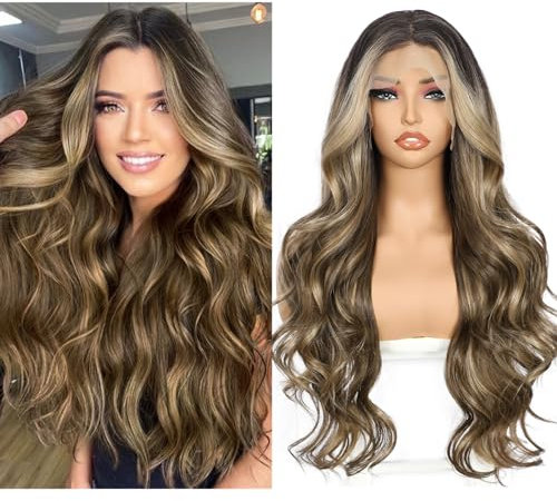 Sapphirewigs Brown 13x4 Synthetic Lace Front Wig Body Wave Dark Roots Brown Balayage Synthetic Lace Front Wigs Party Date Daily Wear Christmas Natural Looking 26 inch