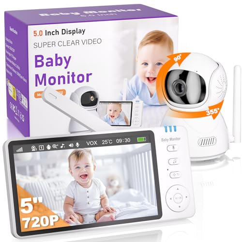 OBVHNUA Babyphone mit Kamera 5 Zoll 720p HD Video Babyphone Videoaufnahme 2X 4X Digitalzoom Zwei Wege Audio VOX Modus Nachtsicht Temperaturüberwachung 8 Schlaflieder 5 Wecker