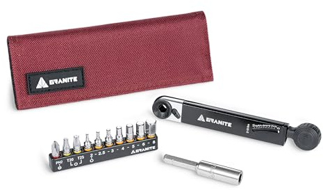 Granite Rocknroll TQ Drehmoment Ratschen Set (Rot) | 2-10 Nm, Verlängerung, 10 S2-Bits, 7 Inbus 2-8 mm plus T20, T25, PH2, Tasche, 190 g, für MTB, Straße und Gravel