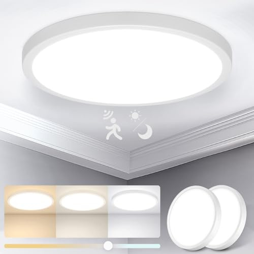 Yafido 24W 3 Tonalità Luce Plafoniera LED Soffitto Crepuscolare con Sensore di Movimento, IP56 Radar Lampada con Sensore di Movimento Interno, Motion Sensor Ceiling Light per Corridoio Scale, 2Pezzi