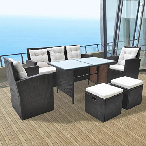SECOLI 6-teiliges Polyrattan Gartenmöbel Set, Sitzgruppe Garten Lounge Möbel Outdoor Braun, Terassenmöbel Außen Gartenlounge mit 3-Sitzer-Sofa, 2 Sessel, Tisch, 2 Fußbank