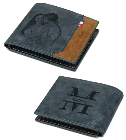 kaululu Personalisierte Geldbörse Herren mit Foto Portmonee mit Gravur Namen Herren-Portemonnaie mit Reißverschluss Karten-Ausweis-Geldhalter für Vater Ehemann Personalisiertes Geschenk für Männer