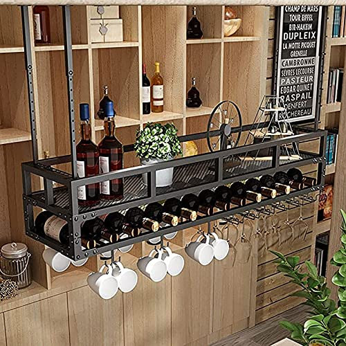 IBOWZ Deckenregal Decken Weinregal Industrielles Vintage-Decken-Weinregal aus Metall, höhenverstellbar, Kelch-Stielglas-Halter, Weinflaschenhalter, für Restaurants/Bars/Zuhause