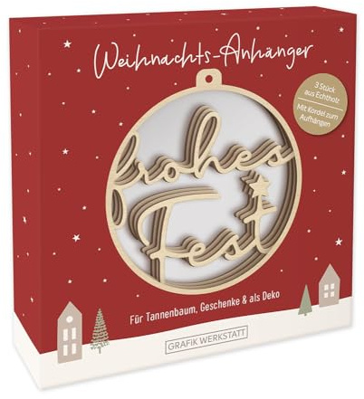 Grafik Werkstatt Weihnachts-Anhänger aus Holz | Baumschmuck | 3 Stück | Frohes Fest, Braun