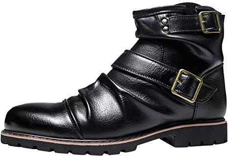 Herrenschuhe High Top Lederstiefel Vintage Gürtelschnalle Plissee Seitlicher Reißverschluss Kurze Stiefel Elegante Schuhe Herren Winter