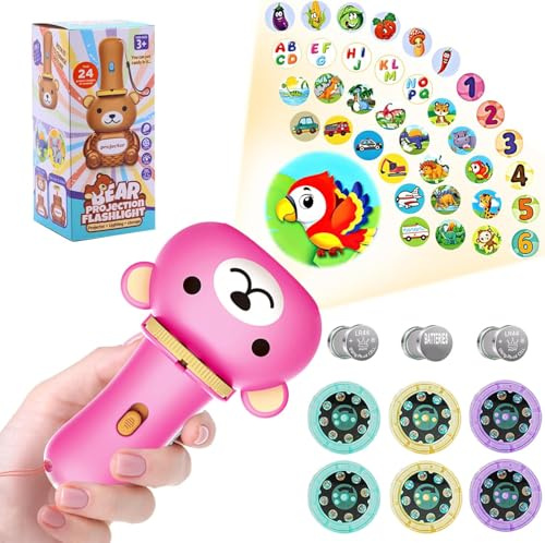 Proyector De Linterna Infantil,Linterna para niños,Linterna y proyector con 6 lentes,con 48 Patrones Diferentes juguetes de los niños (rosa)
