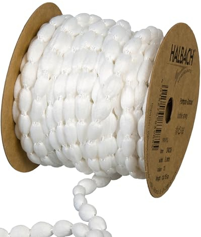 Halbach Pompom-Borte, 8 mm x 15 m, weiß | Band mit Bommeln, waschbar, wetterfest und farbecht, als Pompon-Girlande für Hochzeiten und Gartenpartys