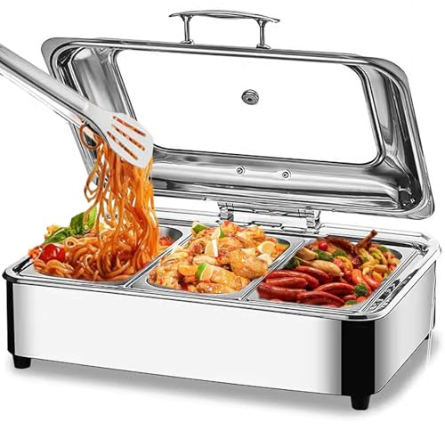 Chafing Dish Elektrisch, 9L Edelstahl Speisenwärmer Buffetwärmer (GN1/3) | Kommerziell Elektrisch Warmhaltebehälter Essen mit Sichtbarem Glasdeckel für Buffets und Partys, Einstellbarer Temperatur