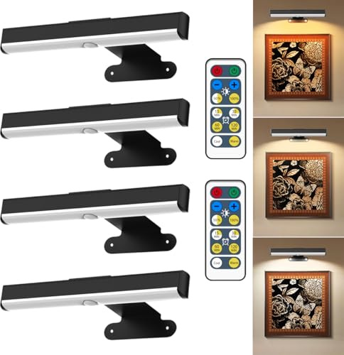 4Pack Wireless Picture Light with Remote,Battery Operated Wall Sconces for Wall Decor,3 Color Timer&Dimmable Paintings Light LED Art Display Lamp Picture Frame Light for Artwork Posters Gallery-Black