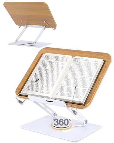 ASIEIT Verstellbarer Buchständer, 360° drehbarer Bücherständer mit elastischen Seitenclips, faltbarer Leseständer & Kochbuchhalter, tragbarer Notenständer für Bibel, Rezepte, Magazine, Tablet, Laptop