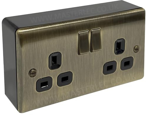Antique Brass 2 Gang Double Socket & 32mm Black Surface Pattress Back Box