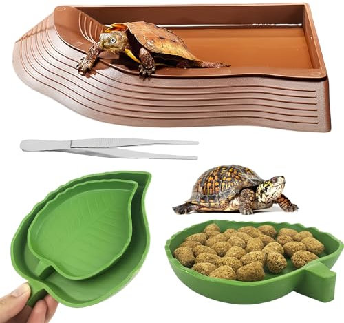 4 in 1 SchildkröTen Wasserschale Set, Landschildkröten Zubehör mit 2 Blattförmige Futterschale für Reptilien, Reptilien Wasserschale, Reptilien Wasserspender, Reptilien-Wasserschale für Eidechse