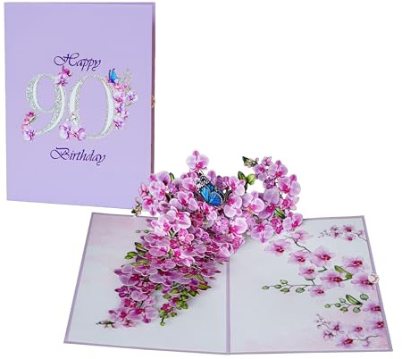 Pop-Up-Karte zum 90. Geburtstag, 3D-Glückwunsch für Frauen, Mutter, Oma, Tochter (Größe 15 x 20 cm, Orchidee zum 90. Geburtstag)