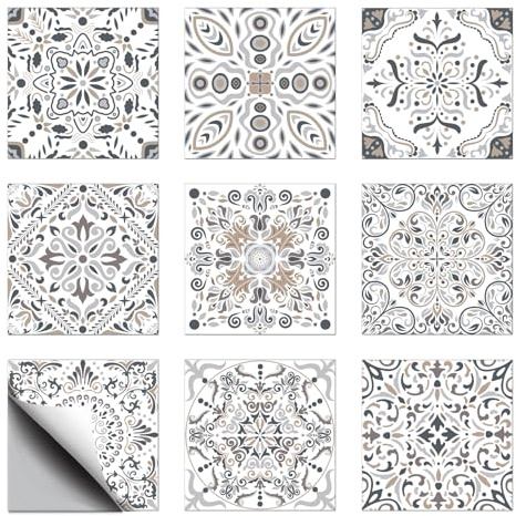 CHGCRAFT 18 Stück 9 Stil Retro Bohemian Geometric Pattern Fliese Aufkleber Wasserdicht Fliese Aufkleber Quadrat mit Blumenmuster für Küche Bad Schlafzimmer Wand Boden Dekoration, Floral, 6x6 Zoll