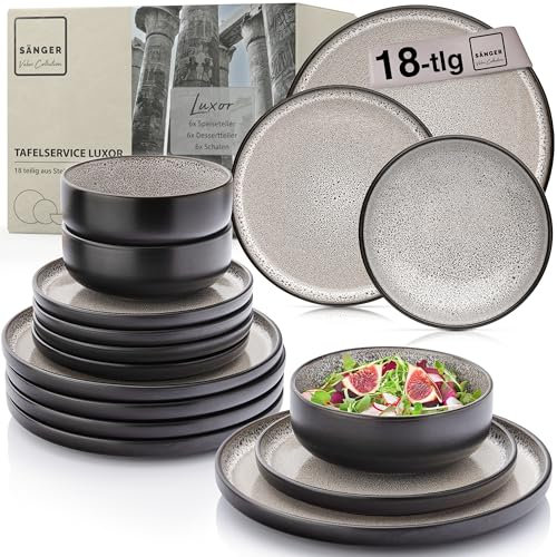 SÄNGER Luxor | Set di stoviglie in gres porcellanato, 18 pezzi, piatti da 6 persone, 6 piatti piani, 6 ciotole per cereali, 6 piatti da dessert, servizio da tavola marrone, beige, antigraffio