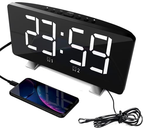 PINUMI Reloj Despertador con Radio de Noche, Relojes Digitales para Dormitorio con número LED Visible, 4 Niveles de Brillo de Volumen Ajustable, Alarma Dual, repetición, Alimentado USB (﻿ Blanco)