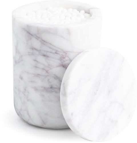 Cork & Mill Marble Bathroom Container with Lid - Holder for Qtip Swabs, Cotton Balls, Pads, Rounds, or Floss Picks - White Apothecary Jar for Q Tips - Canister for Organizing Bathroom Counter Vanity